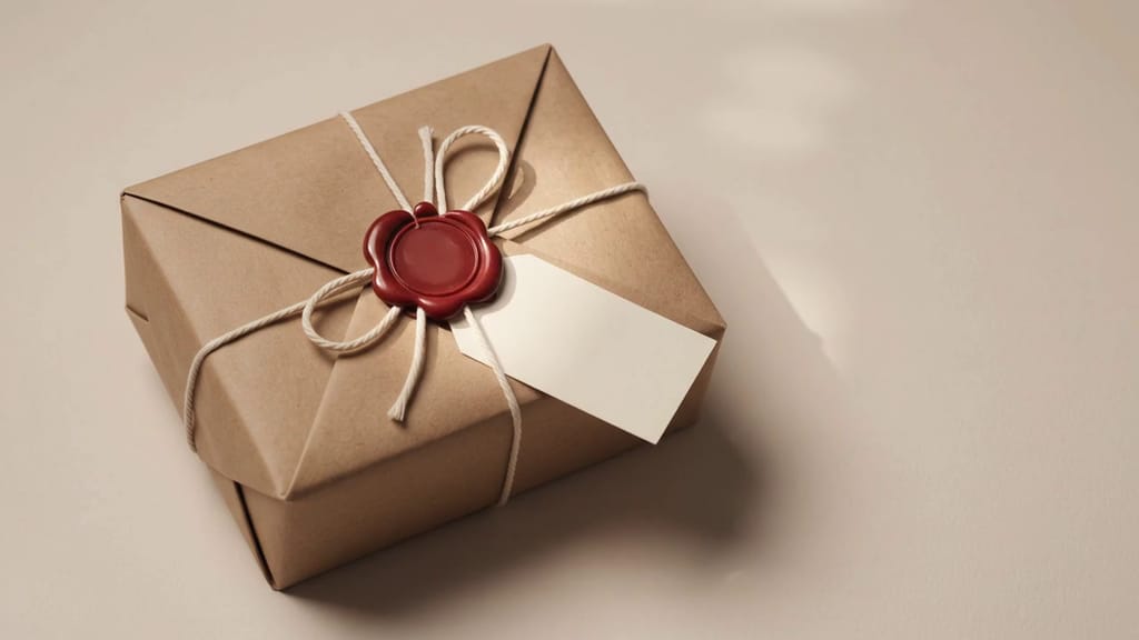 Colis de papier kraft ficelé de cordelette écrue, fermé d’un cachet de cire rouge sombre, avec une étiquette de papier vierge ; la droite du cadre est calme.