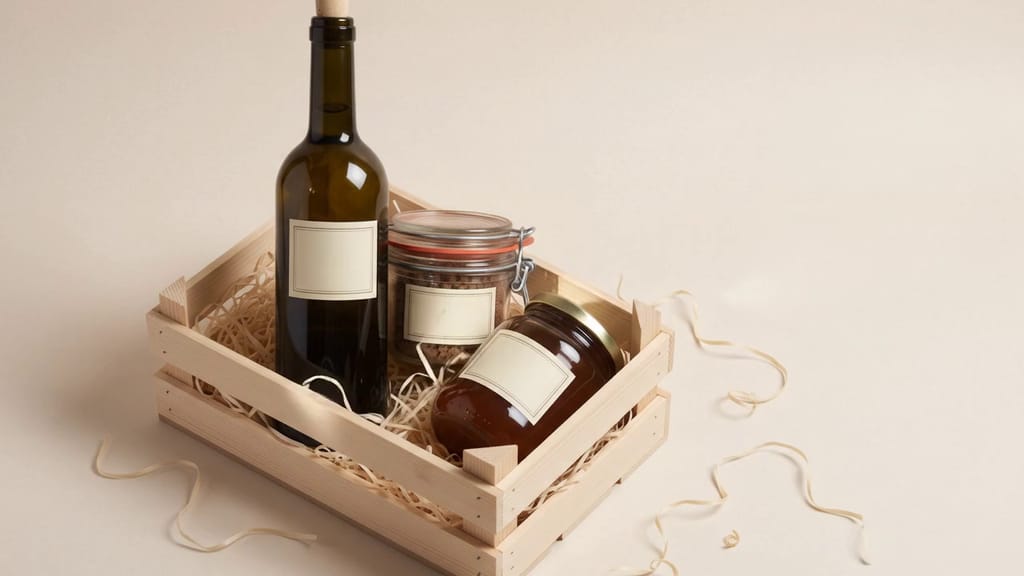 Cagette de bois clair garnie de frisure de papier, une bouteille de verre sombre dressée, un bocal à joint et un pot de confiture, toutes étiquettes vierges ; la droite du cadre est calme.