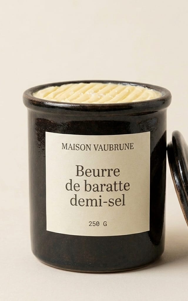 Pot de grès ouvert laissant voir la motte de beurre striée par la spatule, le couvercle dressé sur la tranche contre le flanc du pot.