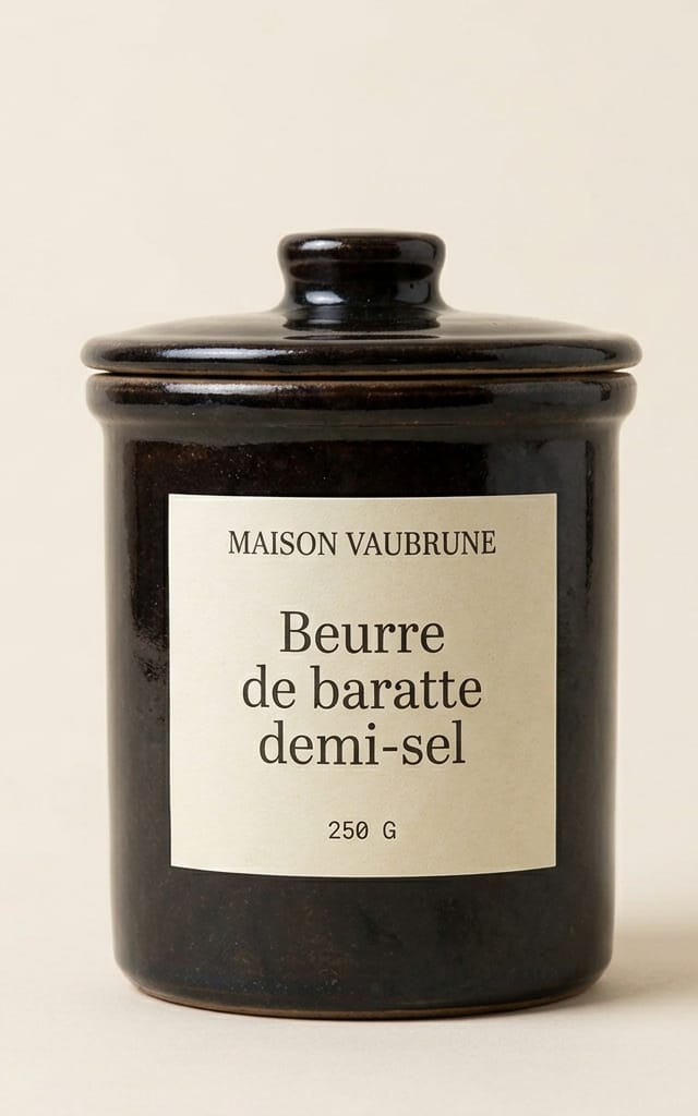 Petit pot de grès émaillé brun foncé, couvercle en place, posé sur un fond de papier écru ; l’étiquette porte le nom du beurre et son poids.