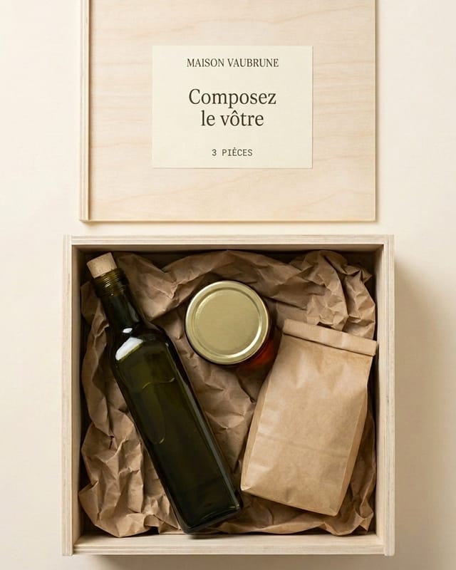 Coffret de bois ouvert vu de dessus, garni de papier kraft froissé : une bouteille couchée, un pot de miel à couvercle doré et un sachet de kraft ; le couvercle repose à côté, étiquette visible.