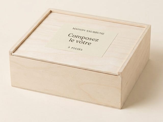 Second coffret de bois clair fermé, vu de trois quarts, l’étiquette du couvercle annonçant un coffret à composer et son nombre de pièces.