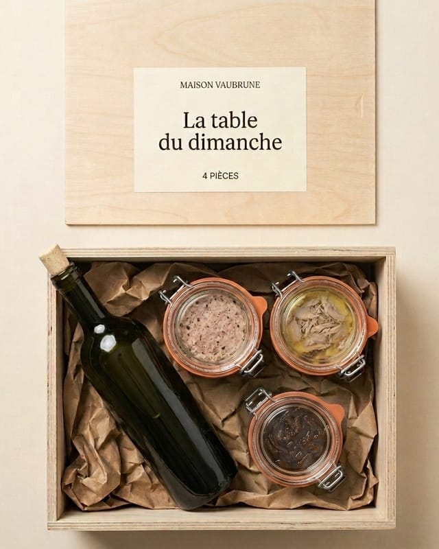 Coffret de bois ouvert vu de dessus, garni de papier kraft froissé : une bouteille couchée, deux bocaux à fermeture métallique et un plus petit bocal de confit ; le couvercle repose à côté, étiquette visible.
