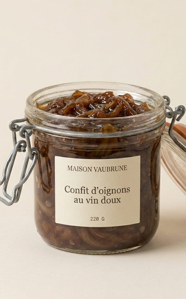Bocal de confit d’oignons ouvert, couvercle de verre appuyé contre le flanc, les lamelles brunes et brillantes affleurant au bord.