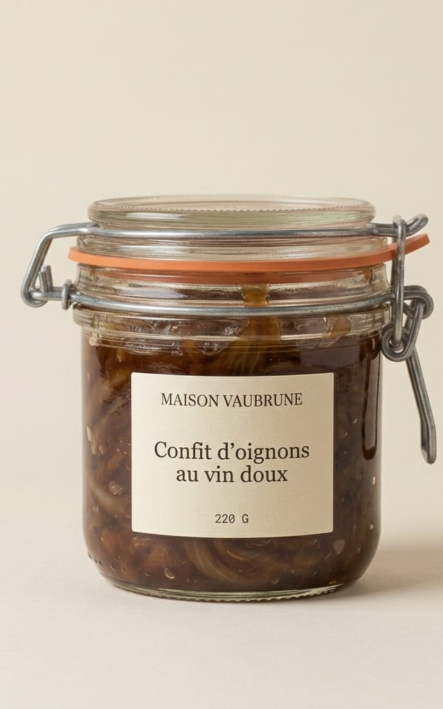 Petit bocal de verre à fermeture métallique empli d’un confit d’oignons acajou foncé, luisant, sur un fond de papier écru.
