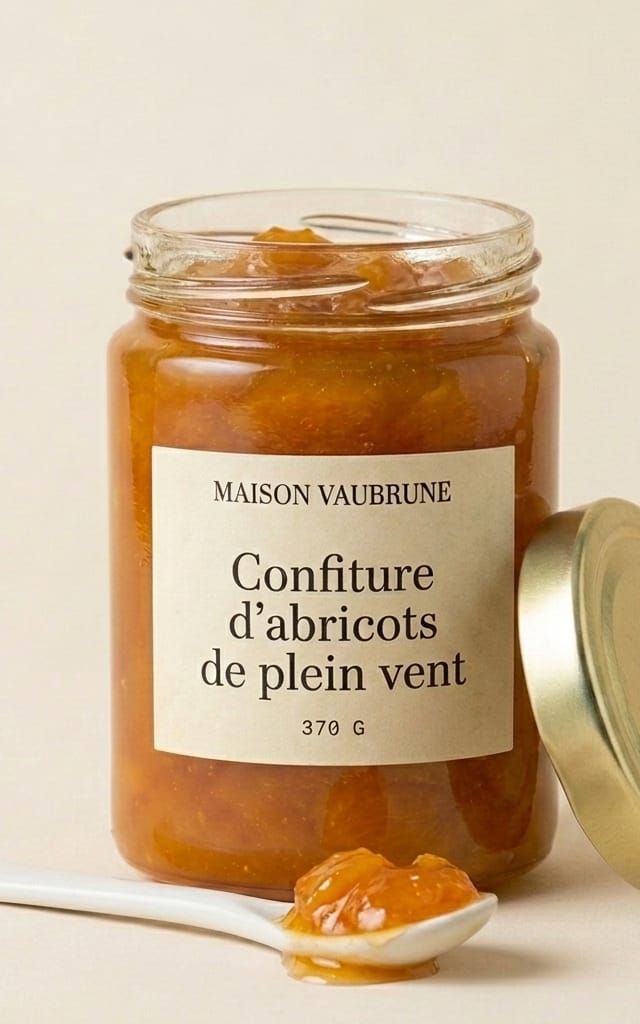 Pot de confiture d’abricots ouvert, son couvercle doré posé de chant contre lui, et devant, une cuillère de céramique blanche chargée de confiture.