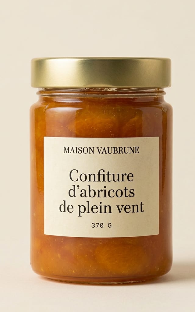 Pot de verre à couvercle doré rempli d’une confiture d’abricots orange vif où l’on distingue des morceaux de fruit entiers.