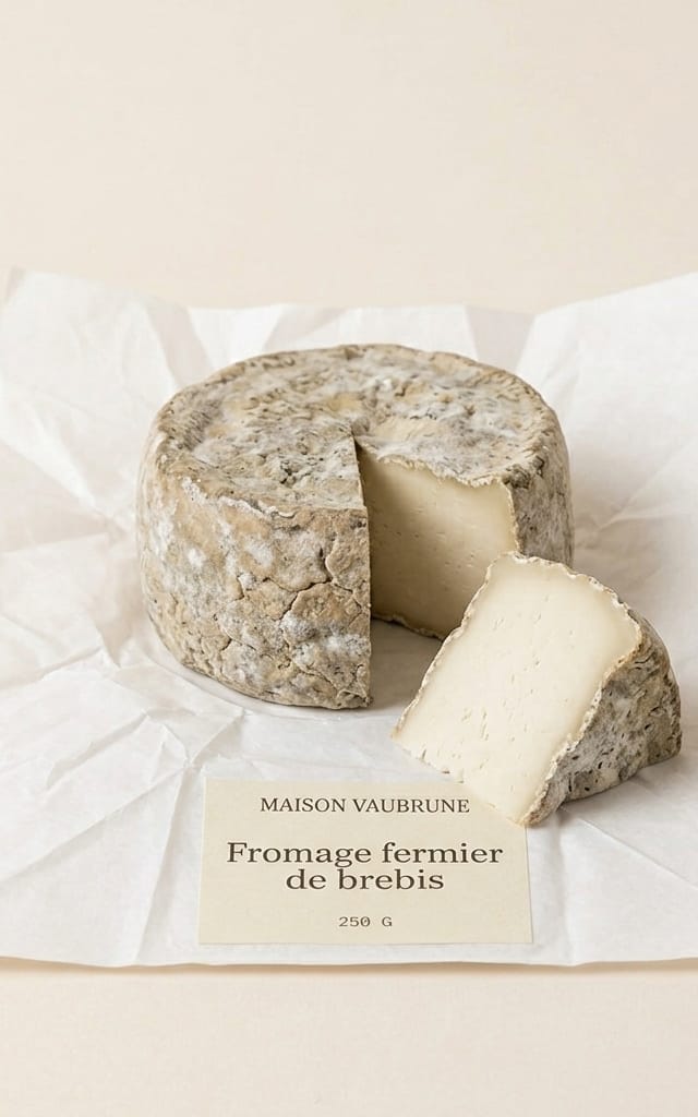 Meule de fromage de brebis posée sur son papier déplié, un quartier coupé posé devant elle, la pâte claire et serrée à la tranche.