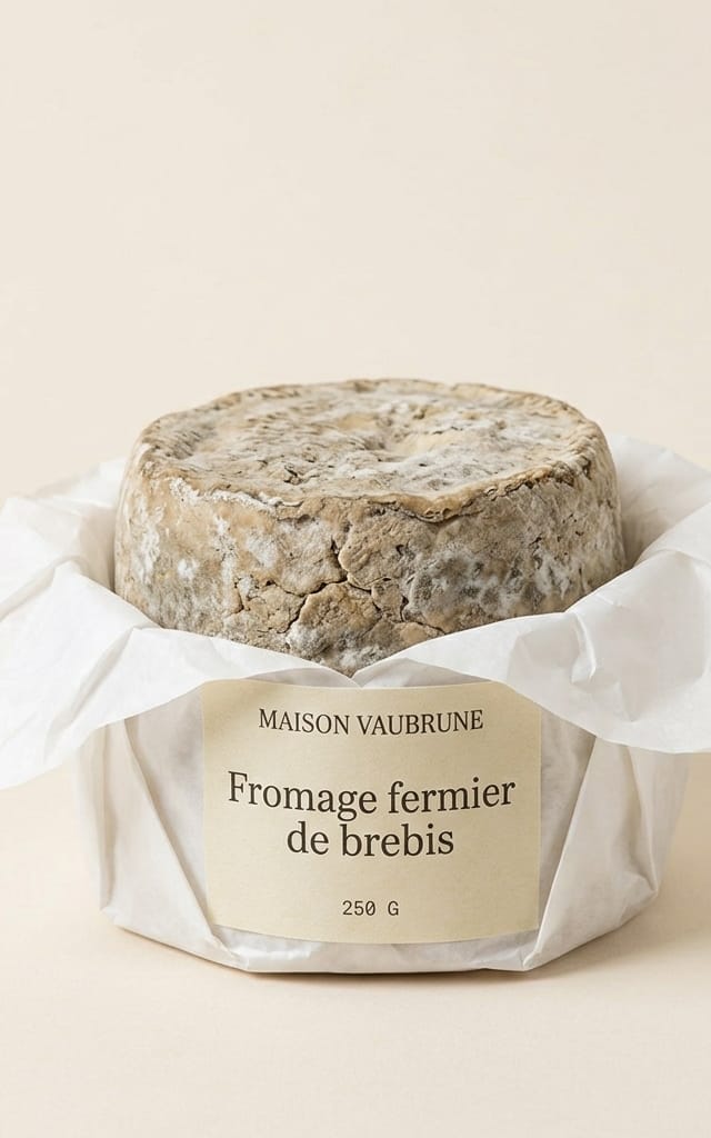 Petite meule de fromage de brebis à croûte grise et fleurie, à demi enveloppée dans un papier blanc qui porte l’étiquette.