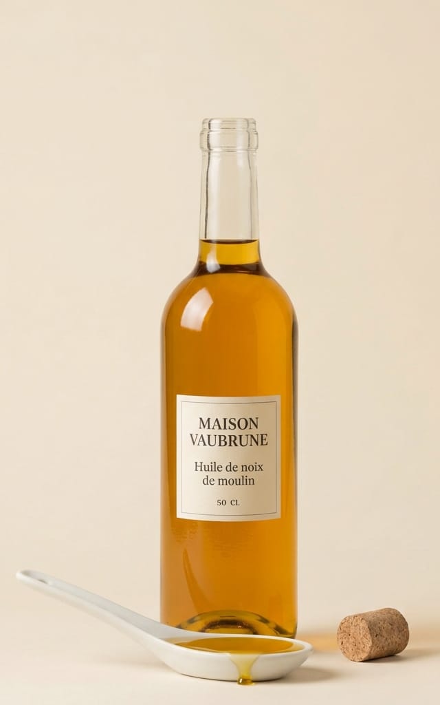 Bouteille d’huile de noix débouchée, bouchon de liège posé à droite, et devant elle une cuillère de céramique blanche emplie d’huile ambrée.