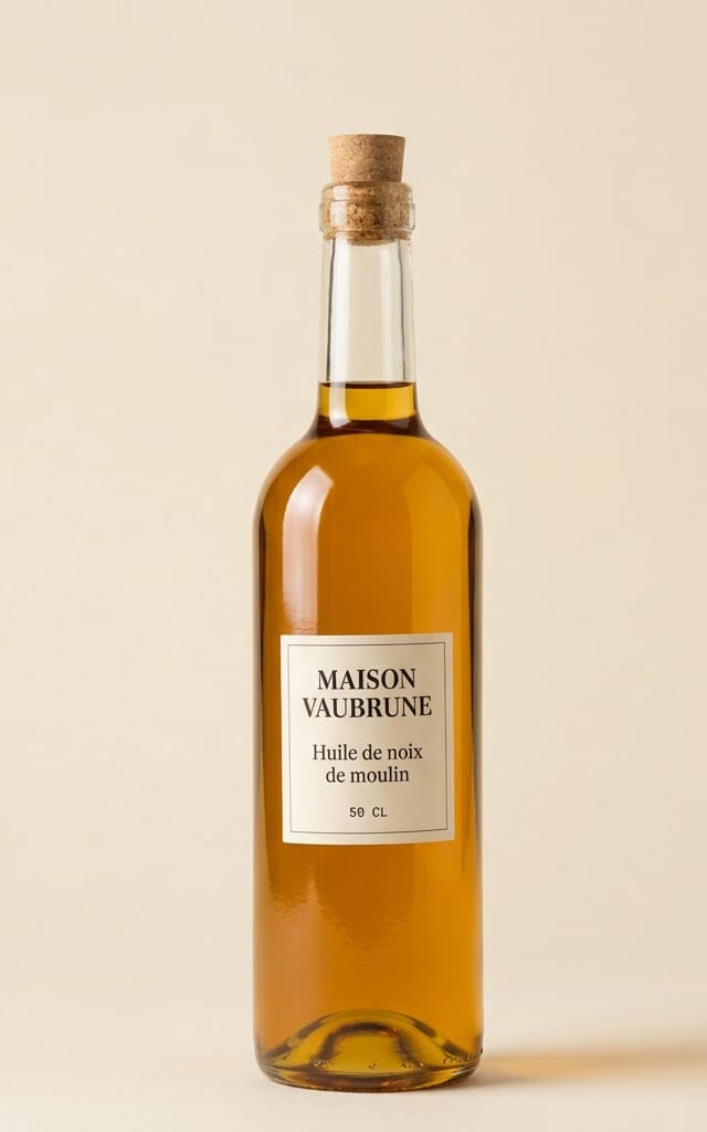 Bouteille de verre transparent fermée par un bouchon de liège, remplie d’une huile de noix ambrée, posée debout sur un fond de papier écru.