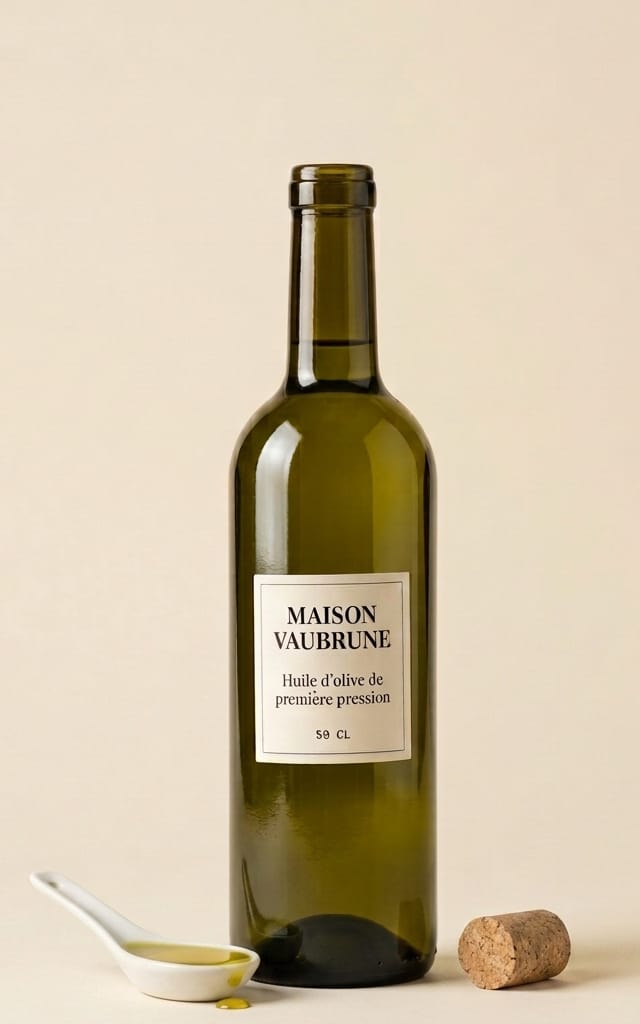 Bouteille d’huile d’olive débouchée, son bouchon de liège posé à plat à côté ; devant elle, une cuillère de céramique blanche remplie d’huile vert doré, une goutte perlant au bord.