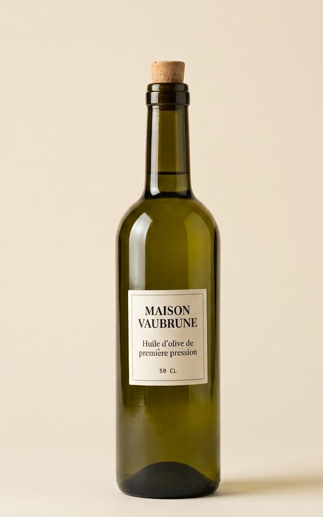 Bouteille de verre vert foncé fermée par un bouchon de liège, posée debout sur un fond de papier écru ; l’étiquette porte le nom de la maison, celui de l’huile et la contenance.