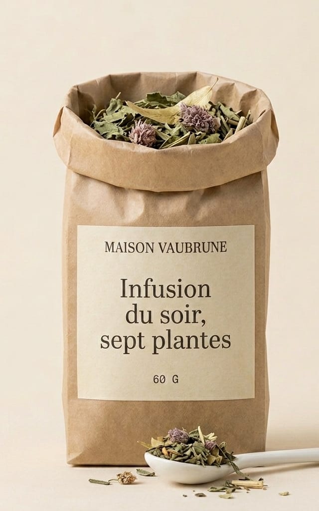 Sachet de kraft ouvert d’où débordent des feuilles et des fleurs séchées ; devant lui, une cuillère de céramique blanche et quelques brins tombés.