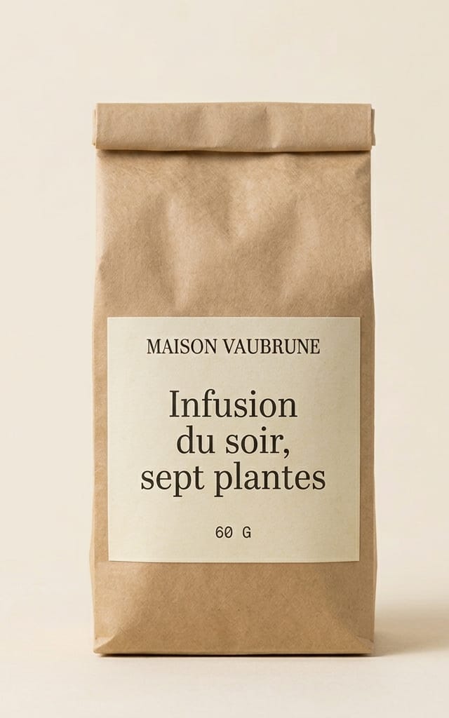 Sachet de papier kraft au sommet replié, plus petit et plus large que celui des lentilles, debout sur un fond de papier écru.