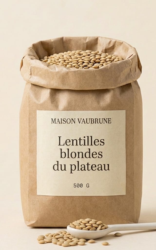 Sachet de kraft déroulé et ouvert, laissant voir les lentilles blondes ; devant lui, une cuillère de céramique blanche remplie de graines.