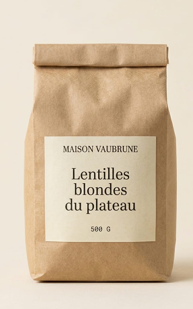 Sachet de papier kraft naturel au sommet replié, debout sur un fond de papier écru, portant une étiquette de papier écru.