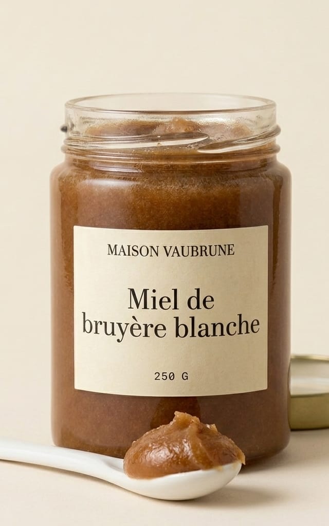 Pot de miel de bruyère ouvert, une cuillère de céramique blanche devant lui portant une motte de miel cristallisé qui ne coule pas.