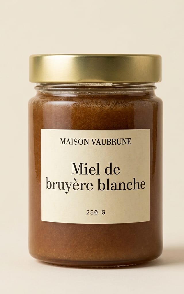 Pot de verre à couvercle doré rempli d’un miel de bruyère cristallisé, crémeux et roux, à la surface mate.