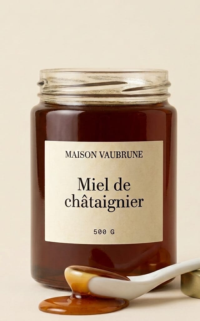 Pot de miel de châtaignier ouvert, une cuillère de céramique blanche devant lui laissant filer un ruban de miel sombre.