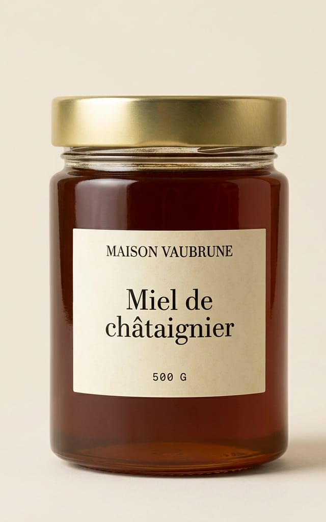 Pot de verre à couvercle doré rempli d’un miel de châtaignier ambre foncé, presque acajou par transparence.
