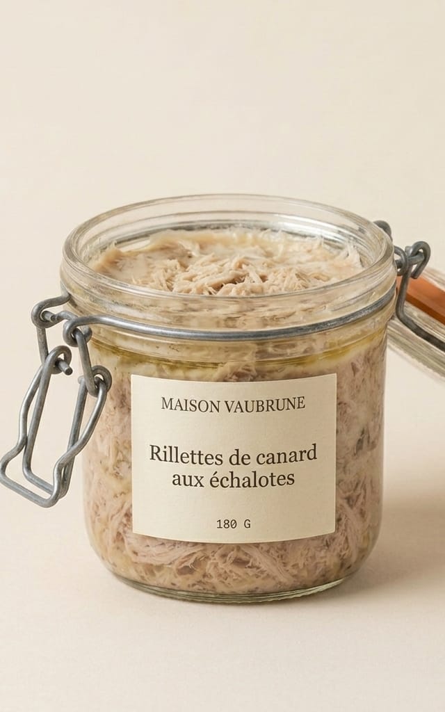 Bocal de rillettes de canard ouvert, couvercle de verre appuyé contre le flanc, la chair effilochée et sa fine couche de graisse à découvert.