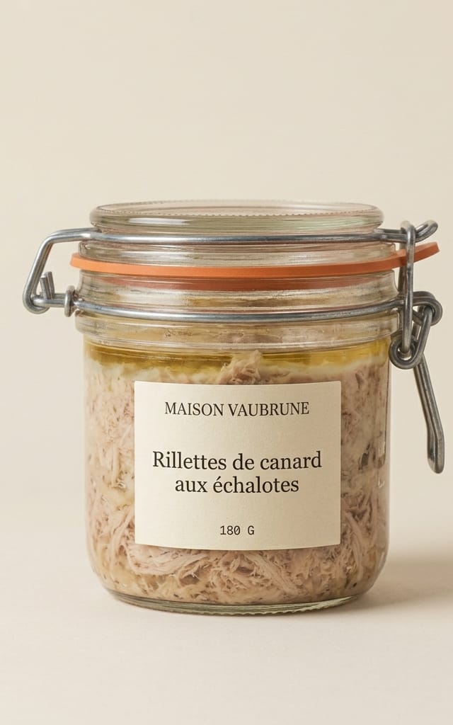 Bocal de verre à fermeture métallique rempli de rillettes de canard effilochées, d’un blond pâle, sur un fond de papier écru.