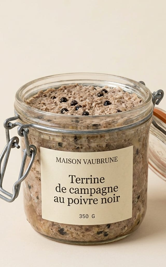 Bocal de terrine de campagne ouvert, son couvercle de verre appuyé contre le flanc, la surface de la farce et ses grains de poivre visibles.