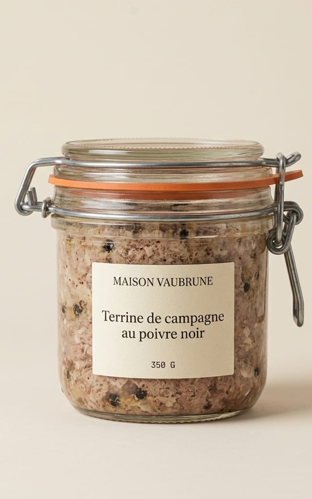 Bocal de verre à joint de caoutchouc et fermeture métallique, contenant une terrine de campagne grossière piquée de grains de poivre noir.