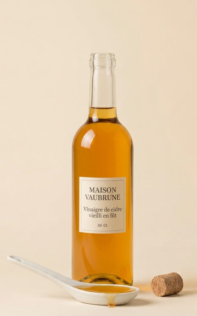 Bouteille de vinaigre de cidre débouchée, bouchon de liège posé à droite, cuillère de céramique blanche emplie de vinaigre ambré devant elle.