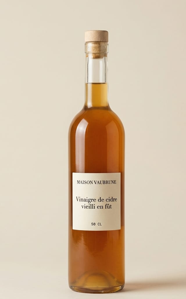 Bouteille de verre élancée et transparente, bouchon de liège, remplie d’un vinaigre de cidre ambré légèrement voilé.
